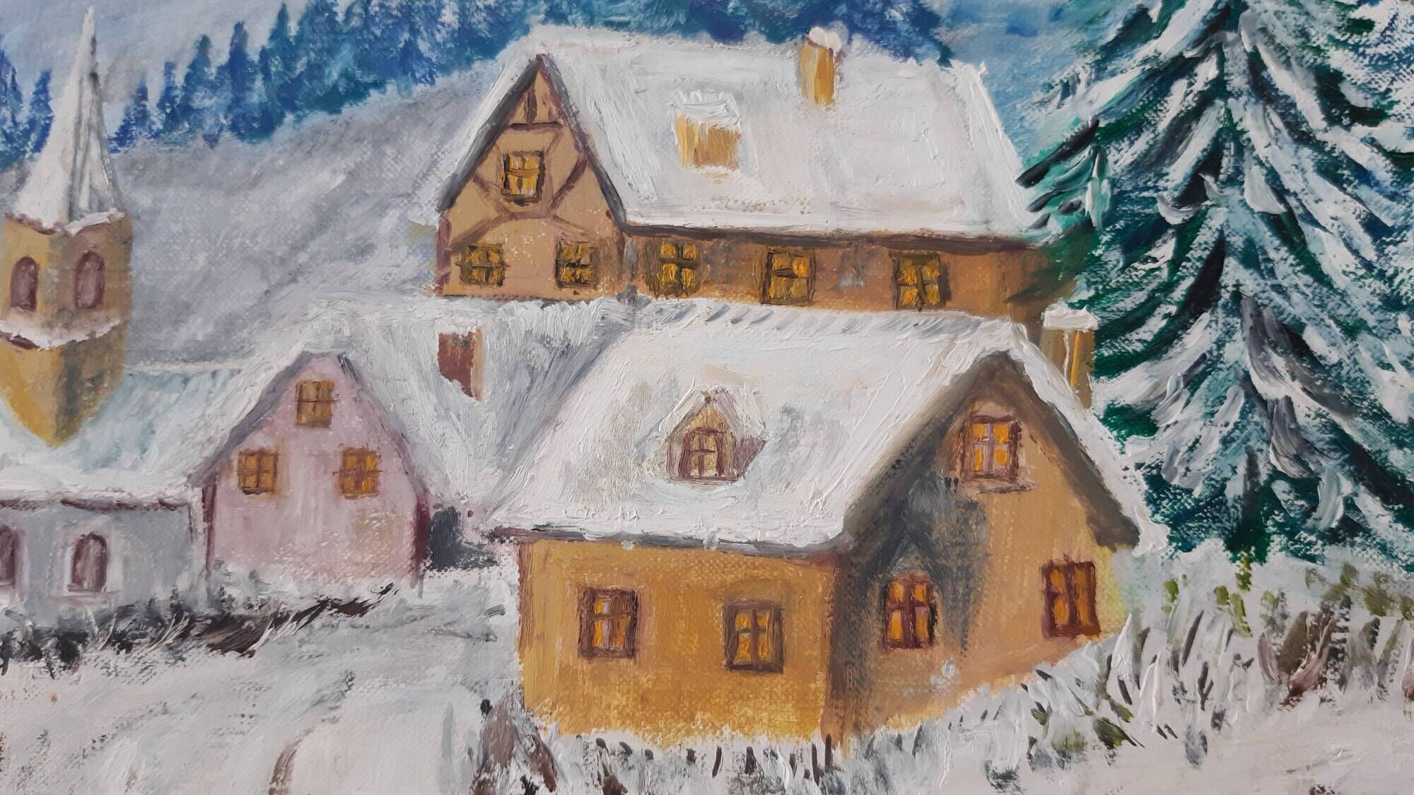 Oil painting on canvas village and landscape winter vintage signed