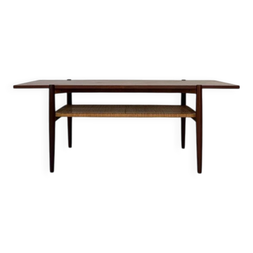 Vintage wooden coffee table with wicker lower shelf