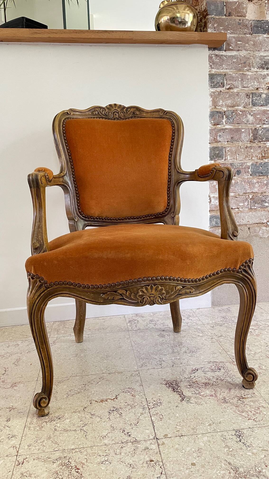 Vintage French Curry Velvet Cabriolet Armchair