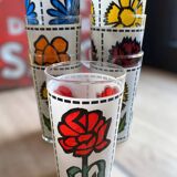 Set of 7 vintage enameled and screen-printed glasses 60/70