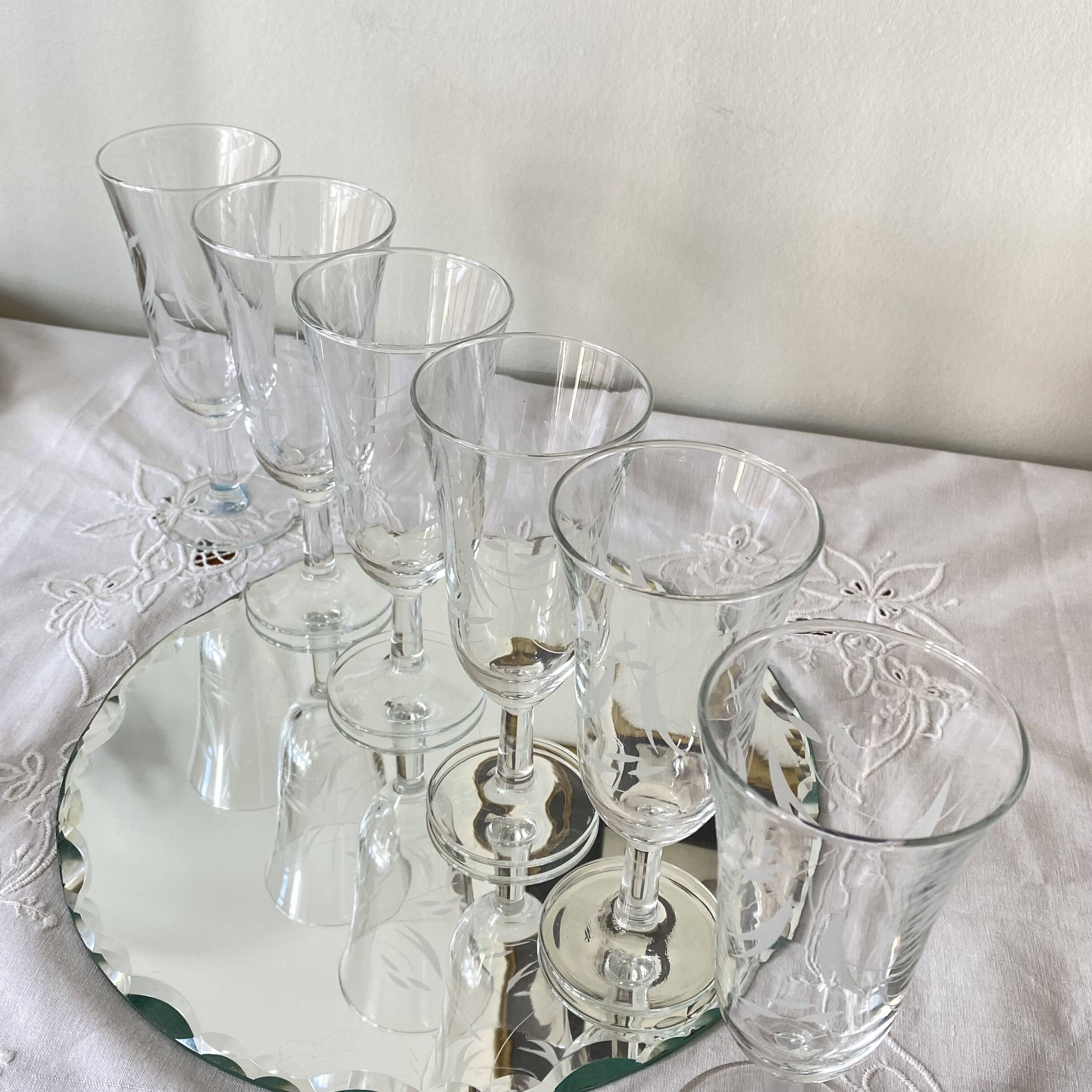 6 engraved antique champagne flutes