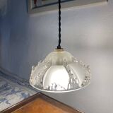 Glass pendant light, braided fabric cable and porcelain ceiling rose