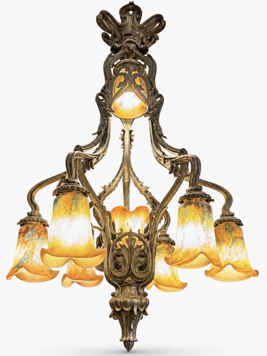 Large 8-light bronze chandelier, Art Nouveau, Nancy School – Around 1900