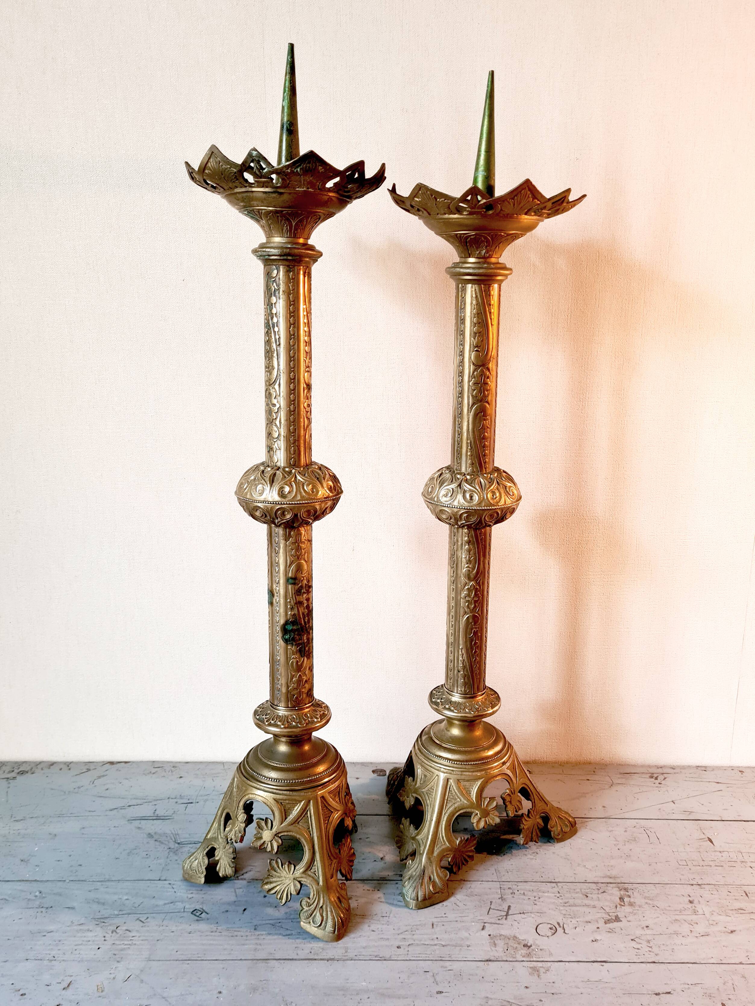 Pair of large Empire solid brass candlesticks – 78 cm