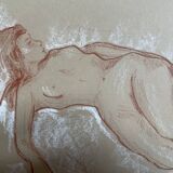 Tableau signé sanguine portrait féminin « la sieste »