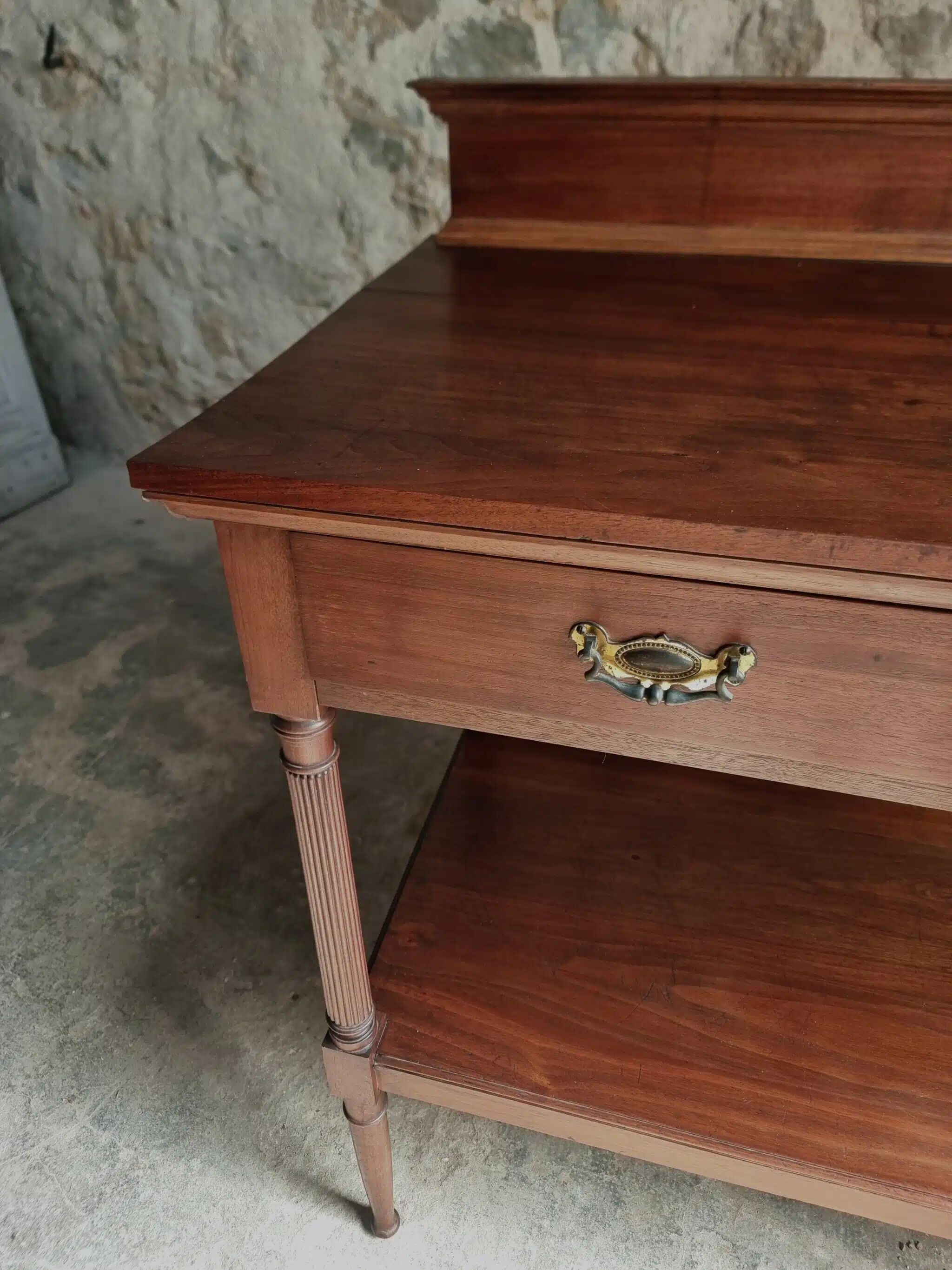 Antique mahogany console with drawer and shelf, French serving table, circa 1900.