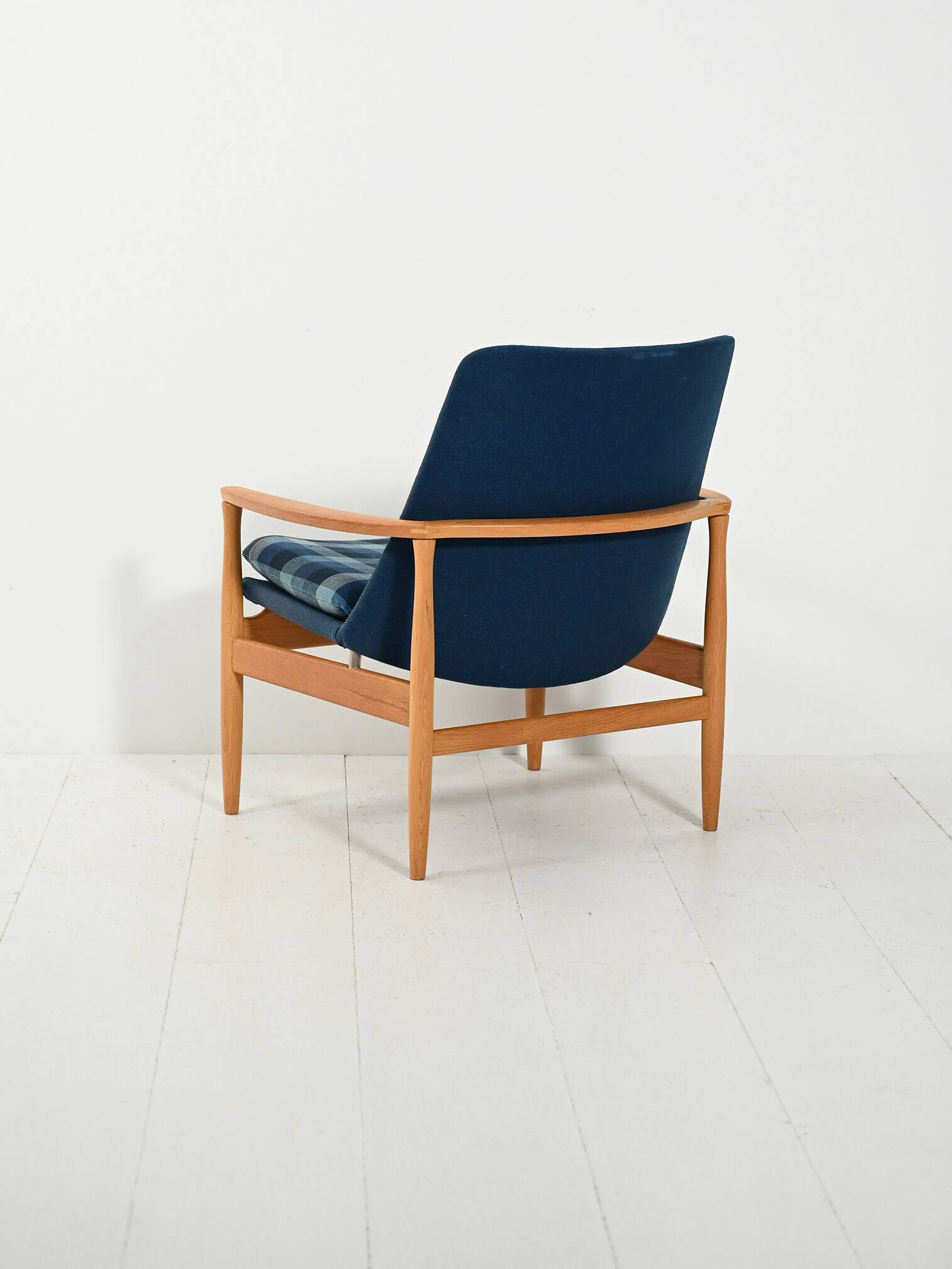 Scandinavian oak and blue wool armchair