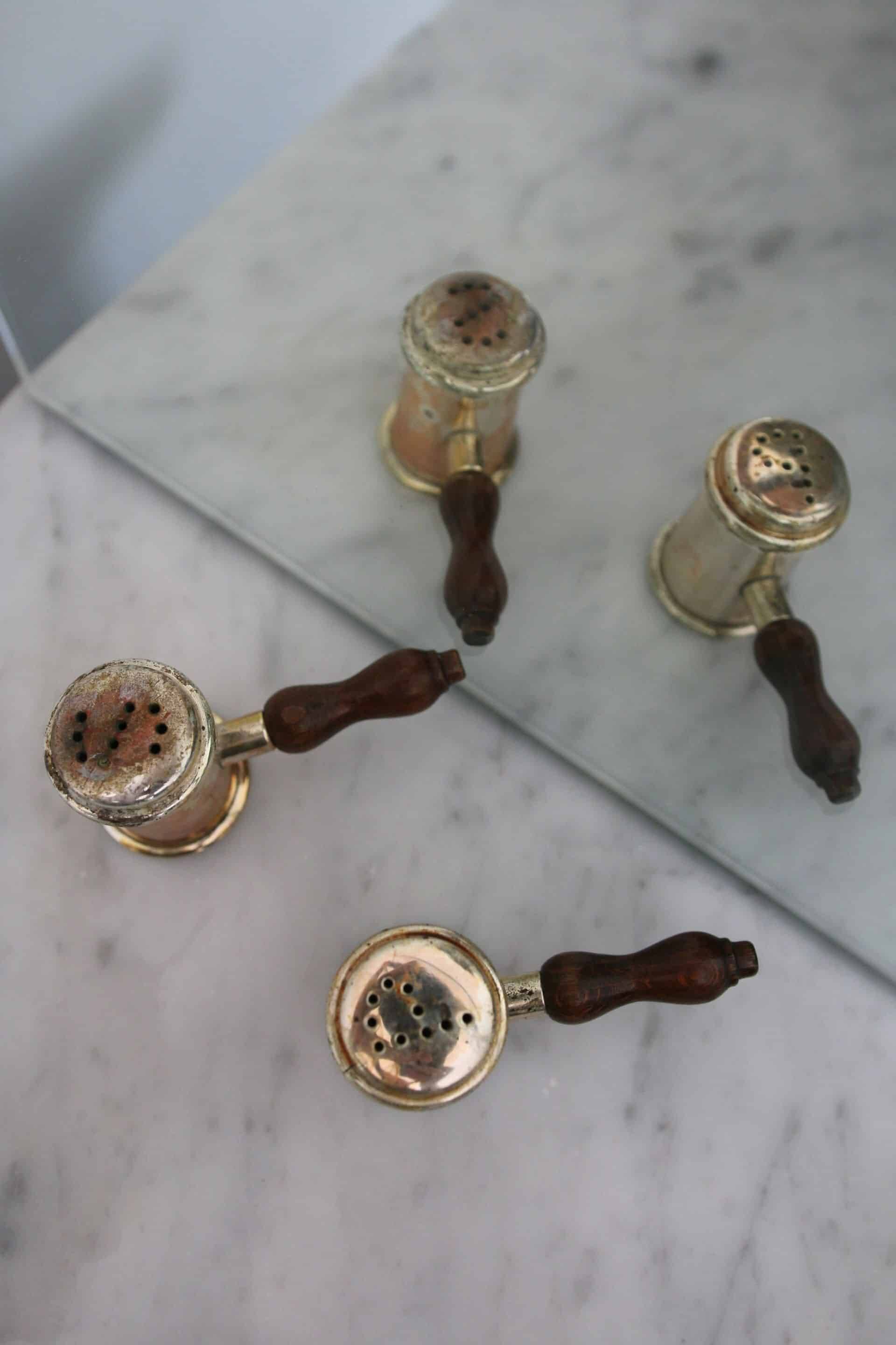 Antique brass salt and pepper shakers, Italy