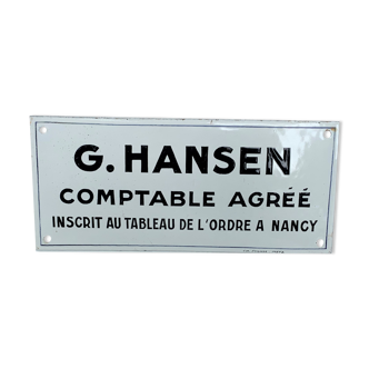 Plaque emaillee 1930 Hansen g comptable nancy metz