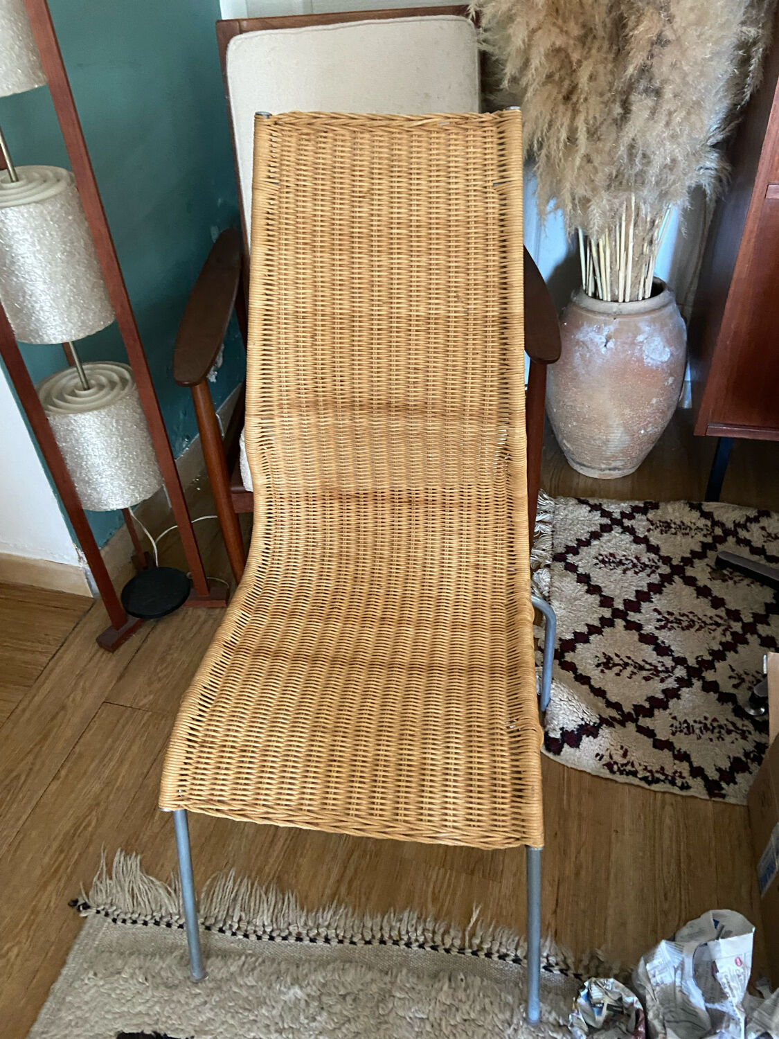 Trio of vintage Ikea rattan and aluminum chairs