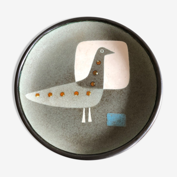 Plat en faïence de Jean Payen (1928-2012) avec décor d'oiseau stylisé, 1957, très rare