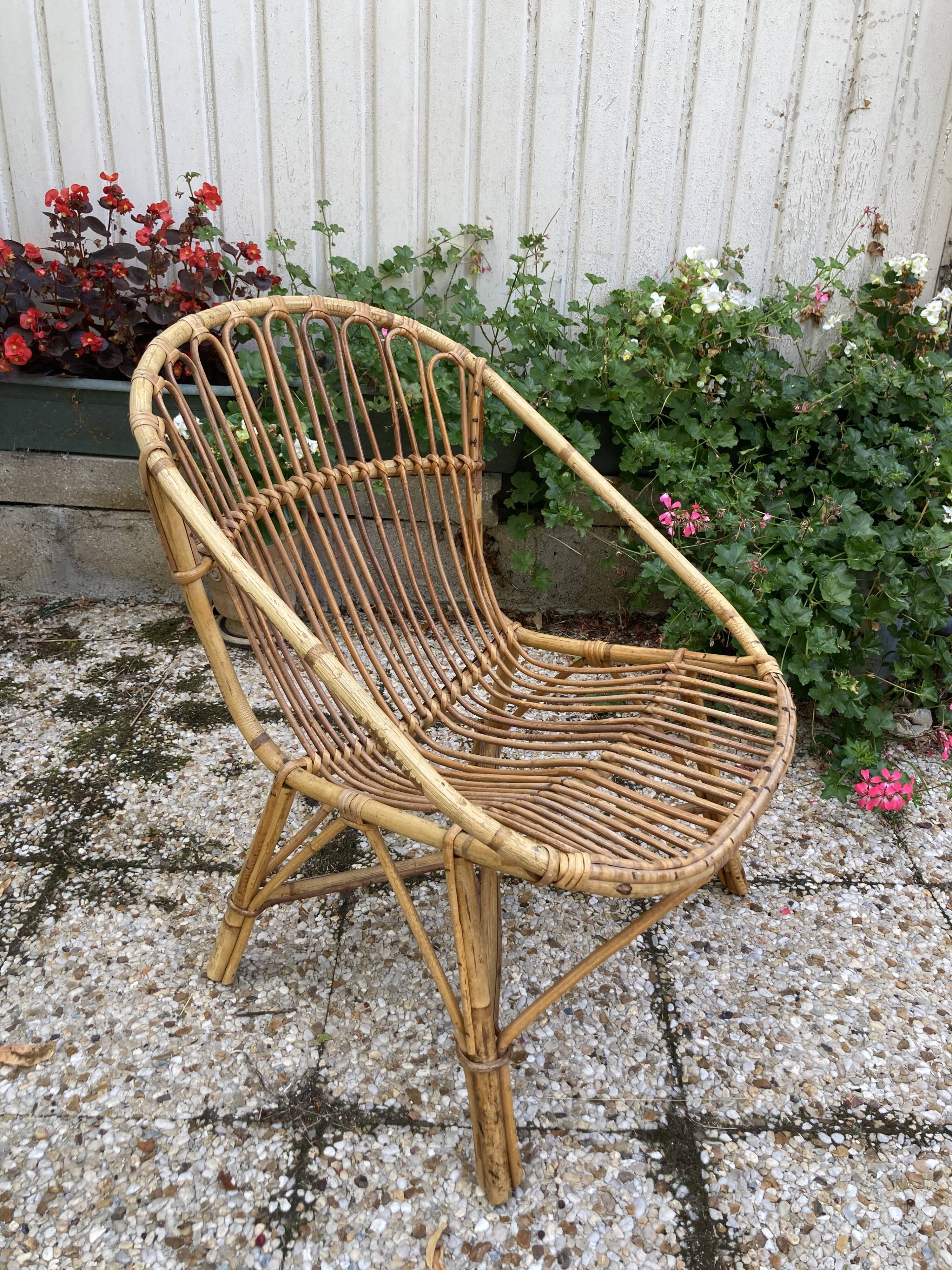 Set of 3 vintage rattan armchairs