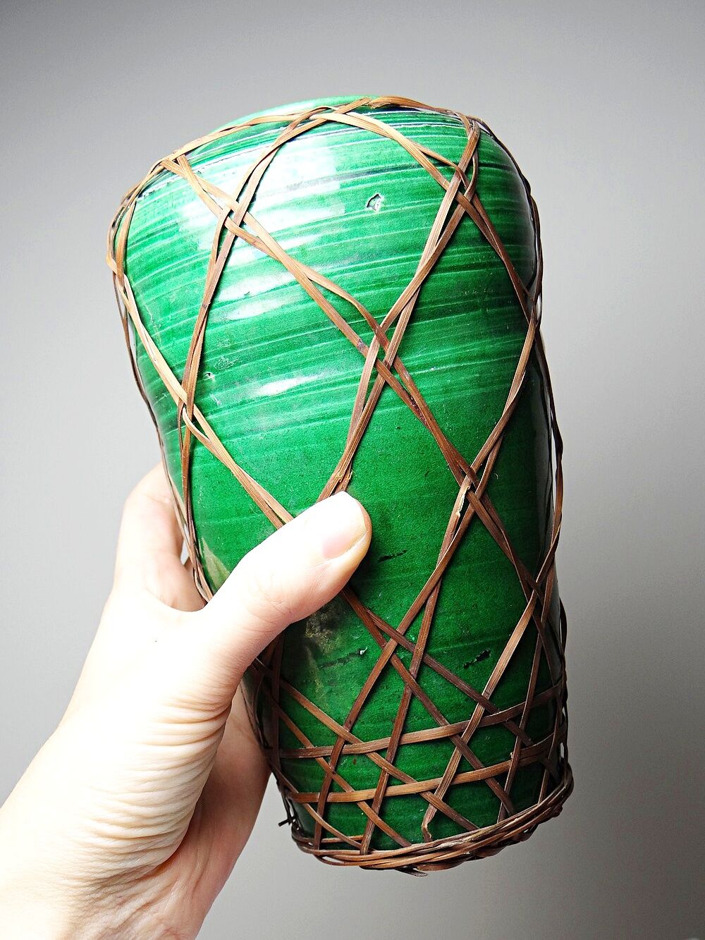 Japanese vase, green ceramic with bamboo lacing, Awaji Yaki, antique 1900-1930.
