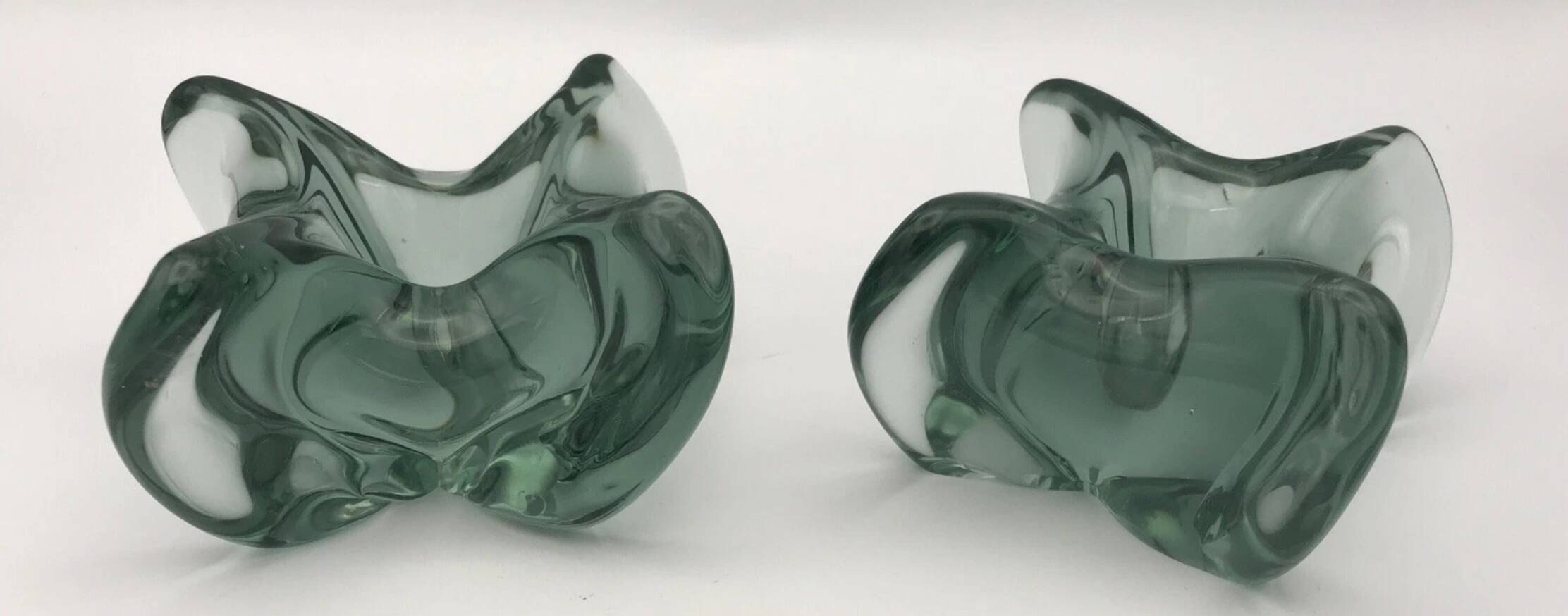 Pair of vintage blue/green tinted glass candlesticks from the 70s