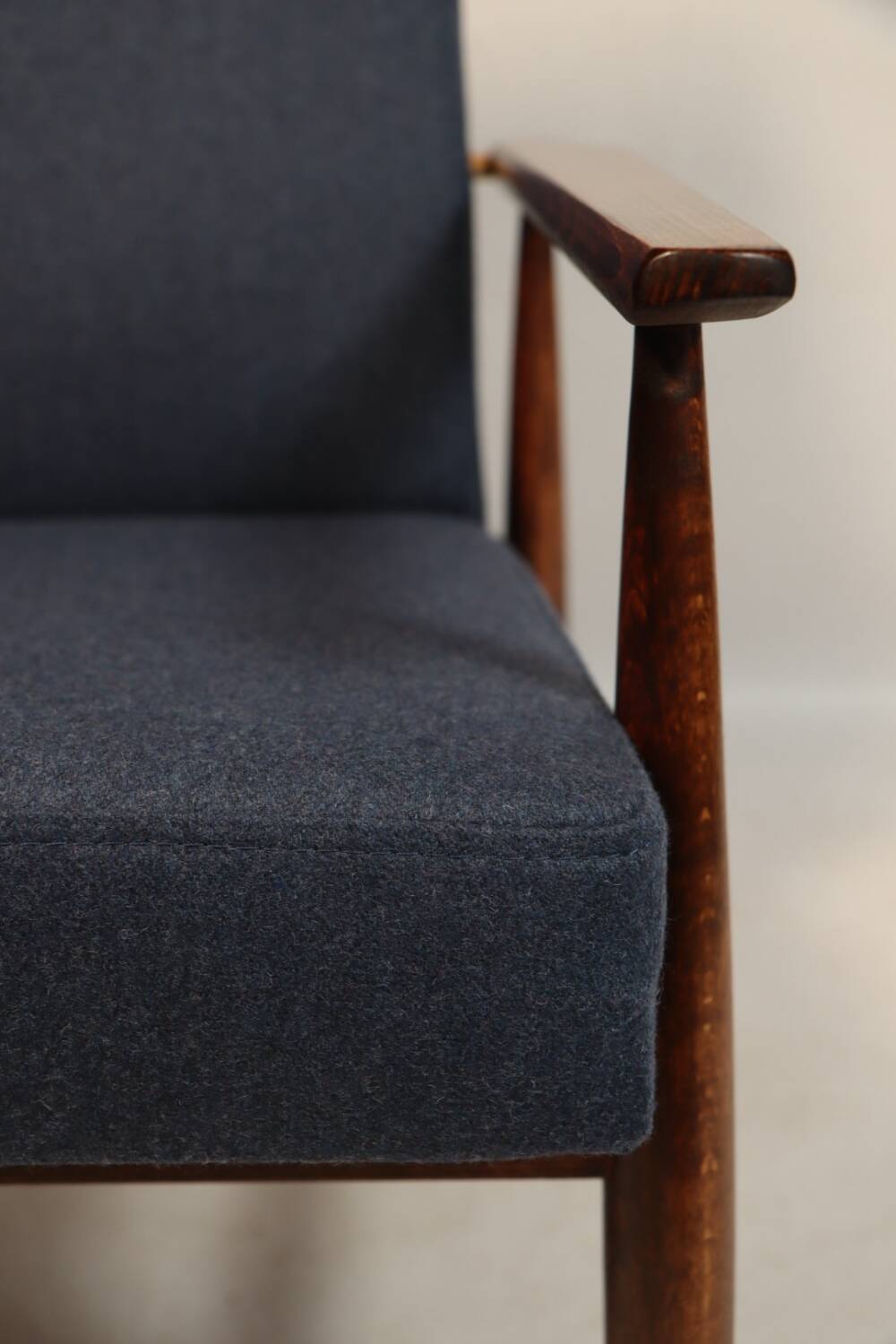 Scandinavian armchair navy blue natural wool dark brown wood design by H.Lis
