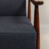 Scandinavian armchair navy blue natural wool dark brown wood design by H.Lis