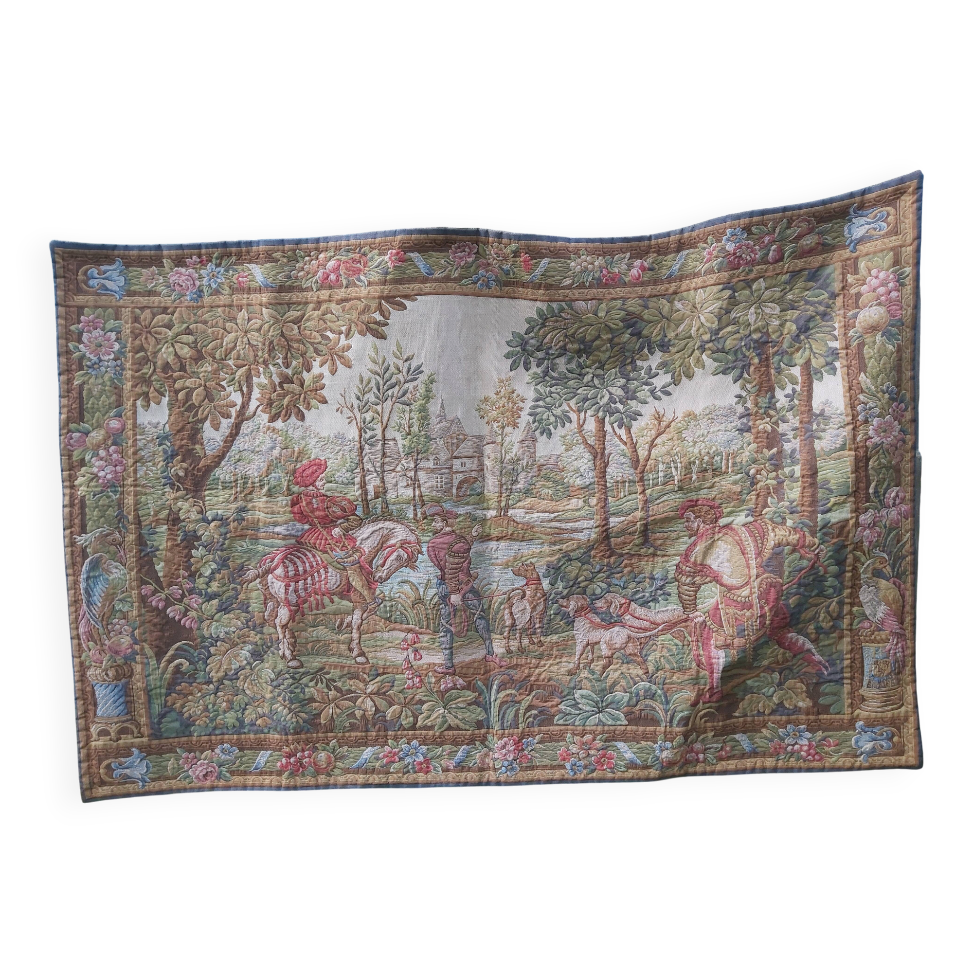 Vintage tapestry in Aubusson style. Hunting return.