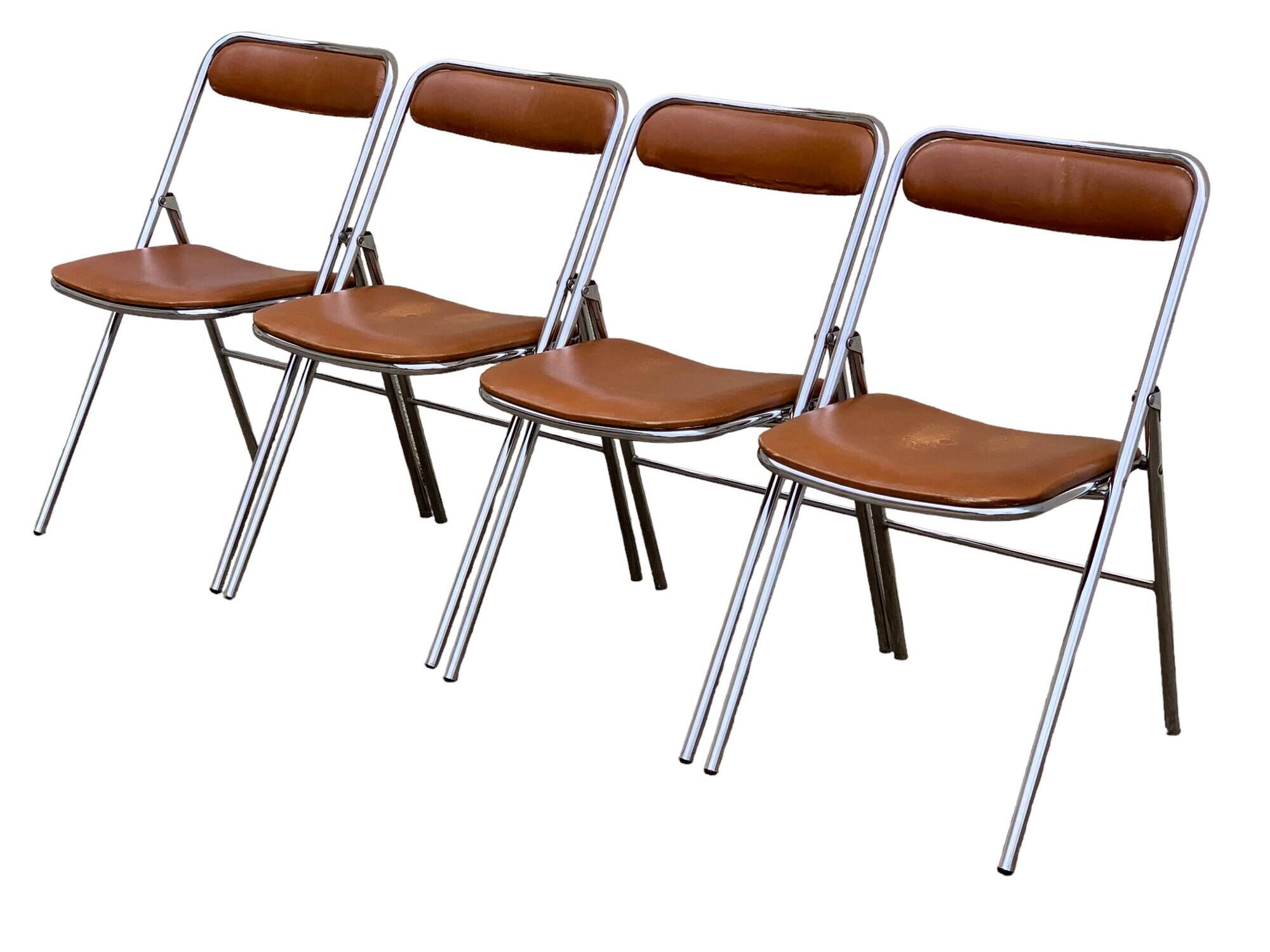 4 folding chairs chromed metal and Skaï fawn 1970
