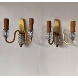 Paire d'anciennes appliques murales  avec 2 feux bronze doré  et verre
