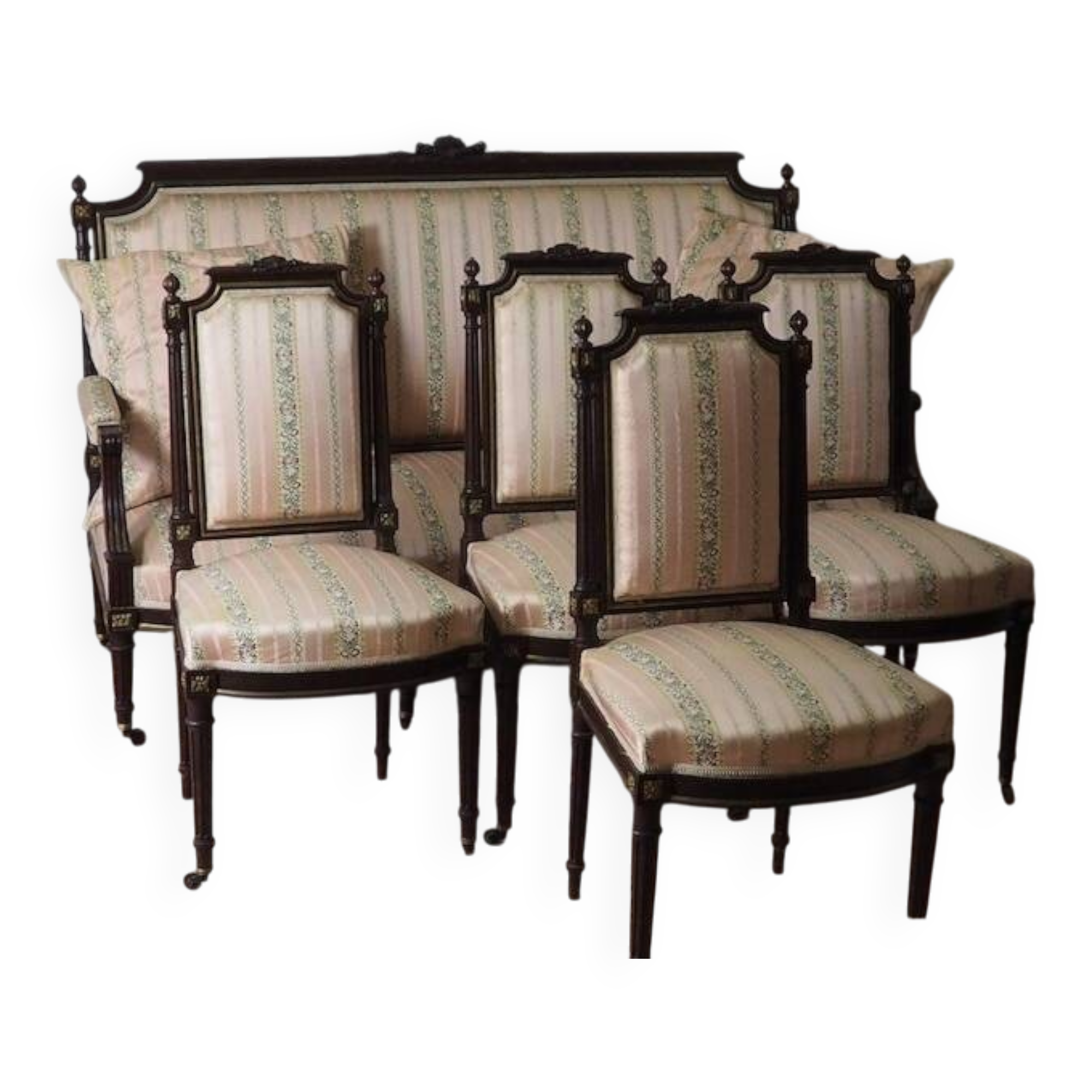 Antique French Empire Style Sofa and Chairs: Pink Satin Furniture Set