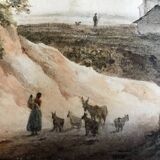 Landscape with mill and herd, watercolor