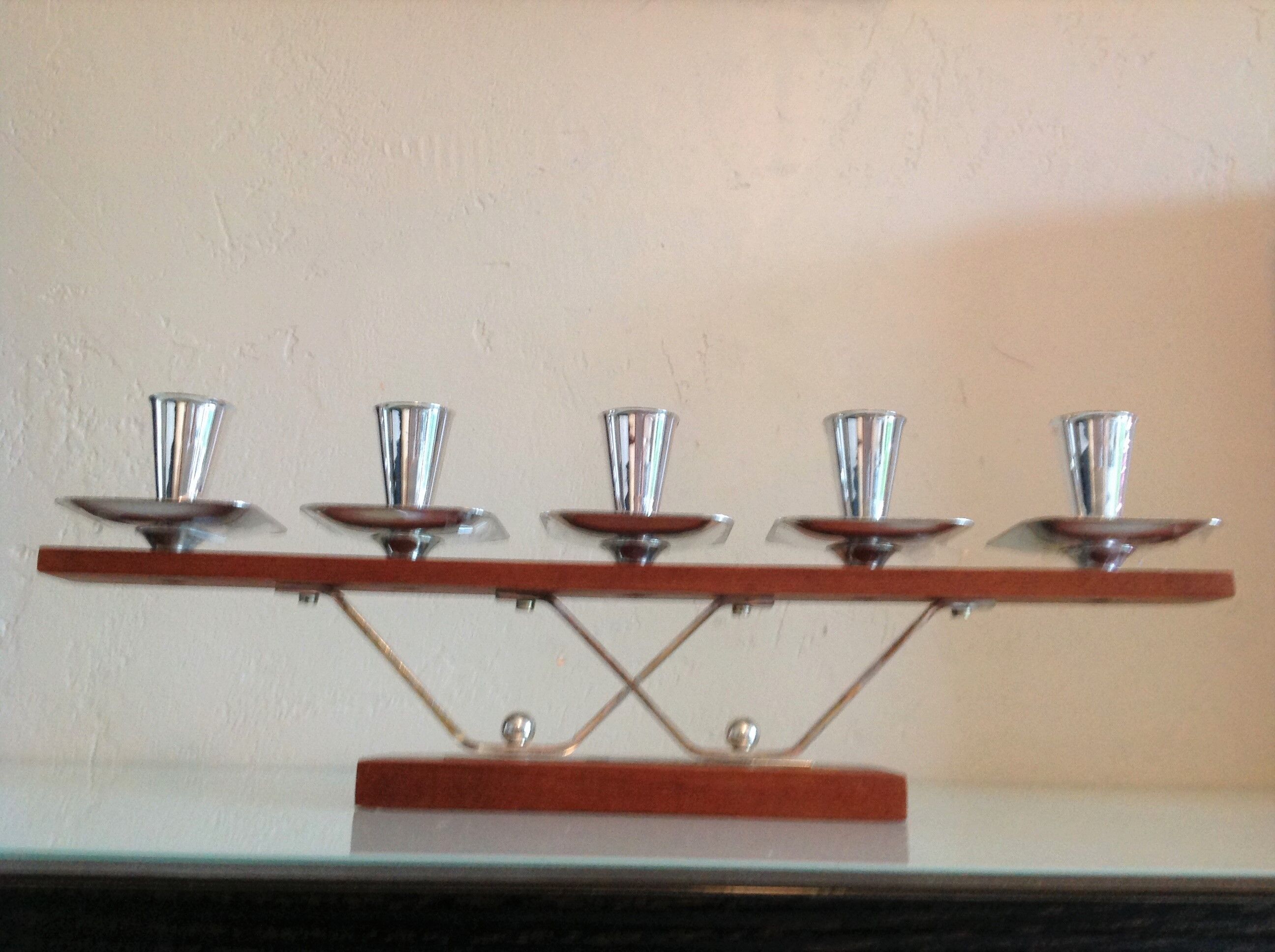 Five-head chandelier in teak and chrome metal Scandinavian style / vintage 60s-70s