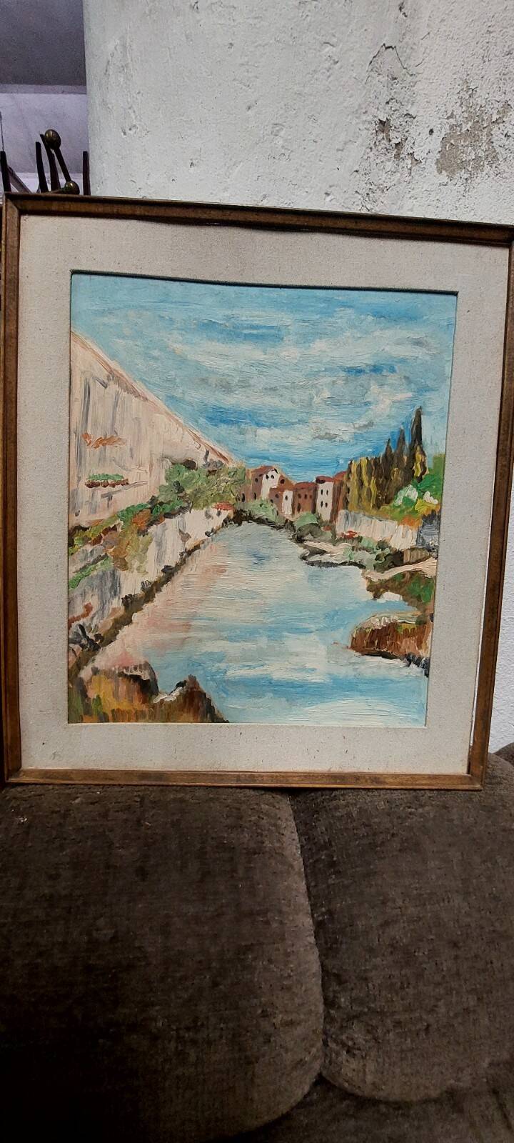Rare oil painting Giuseppe Serafini view of the Arno Montelupo Fiorentino 1962