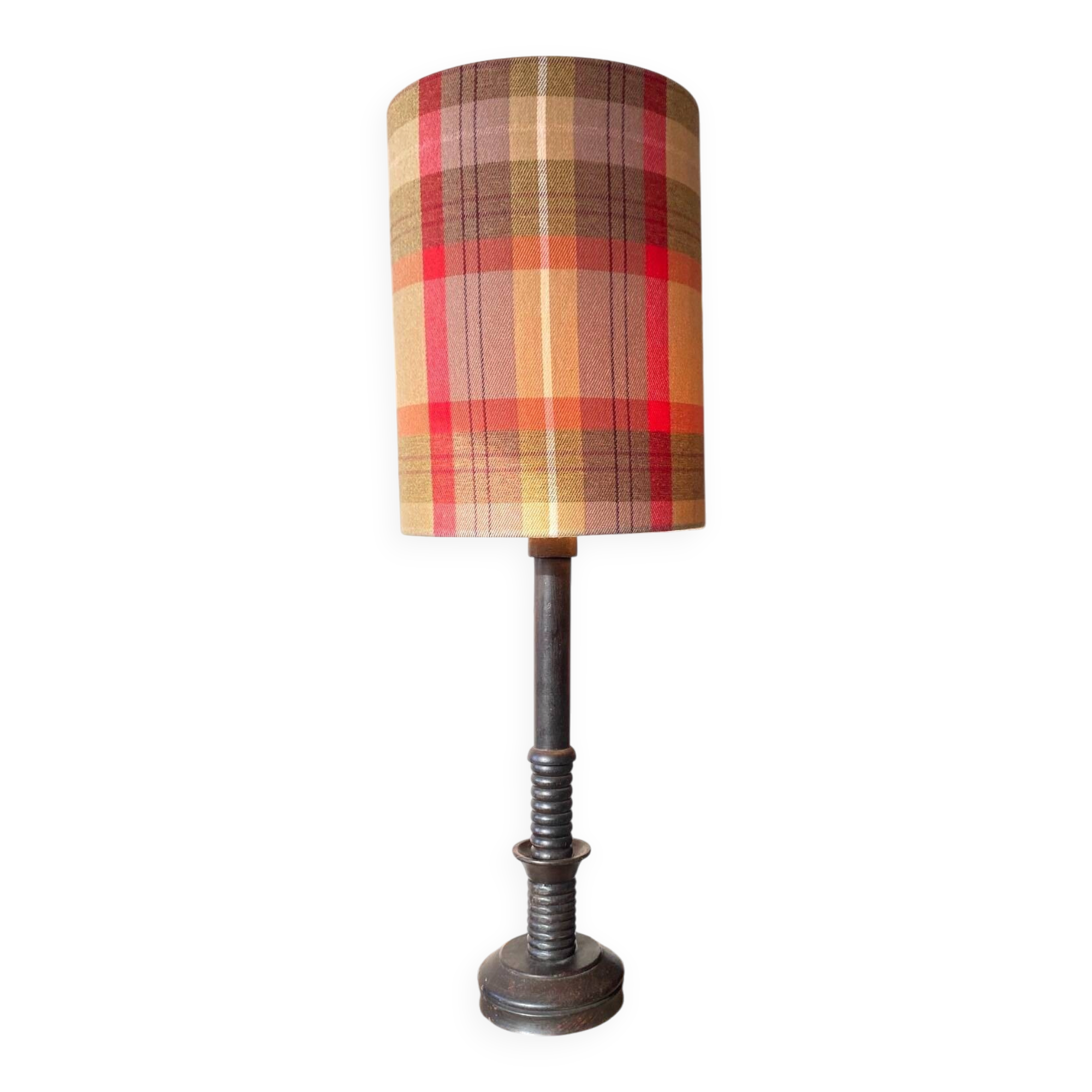 Solid wood lamp with handmade shade, 1940s.