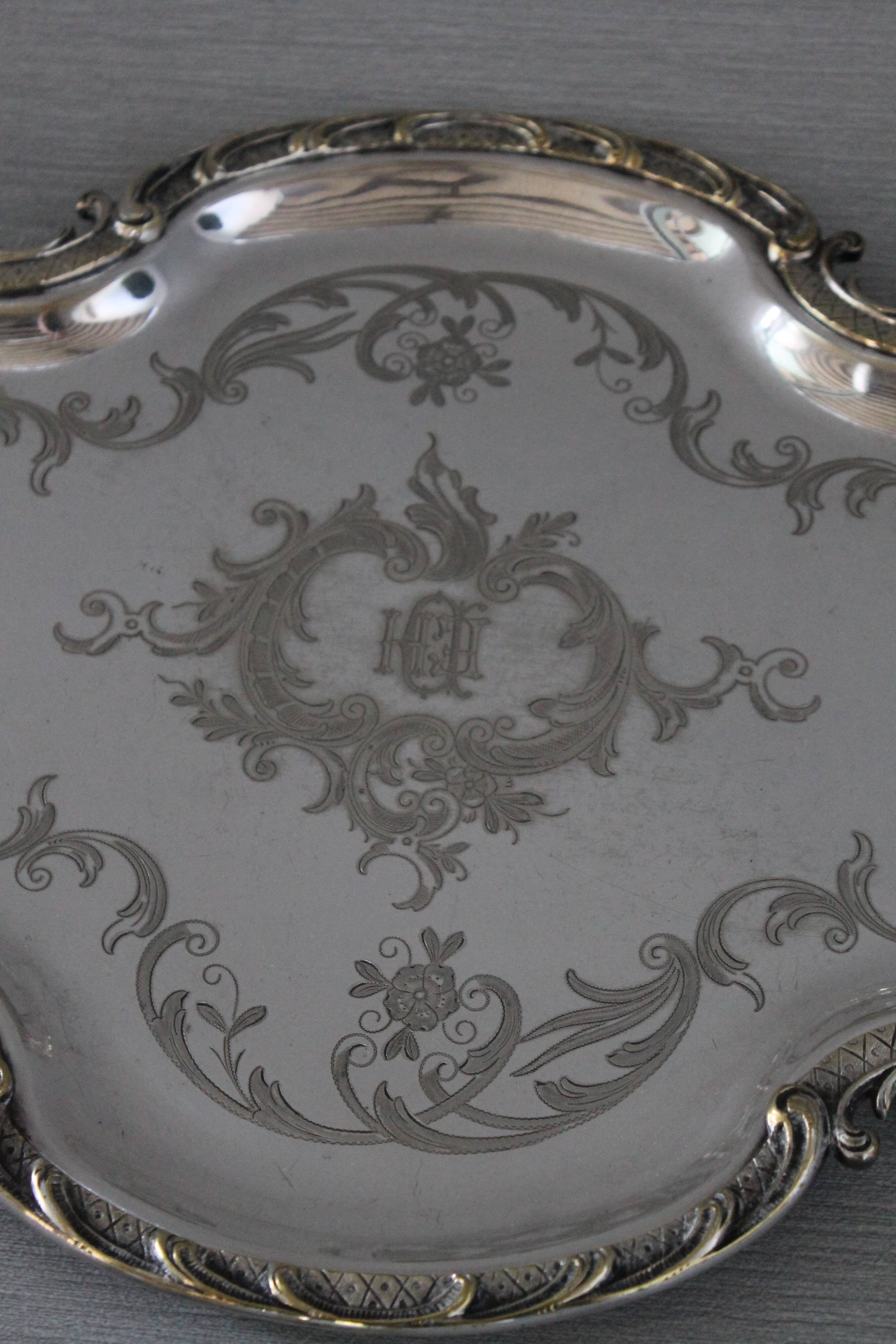 Rose-style silver metal tray - EH monogrammed