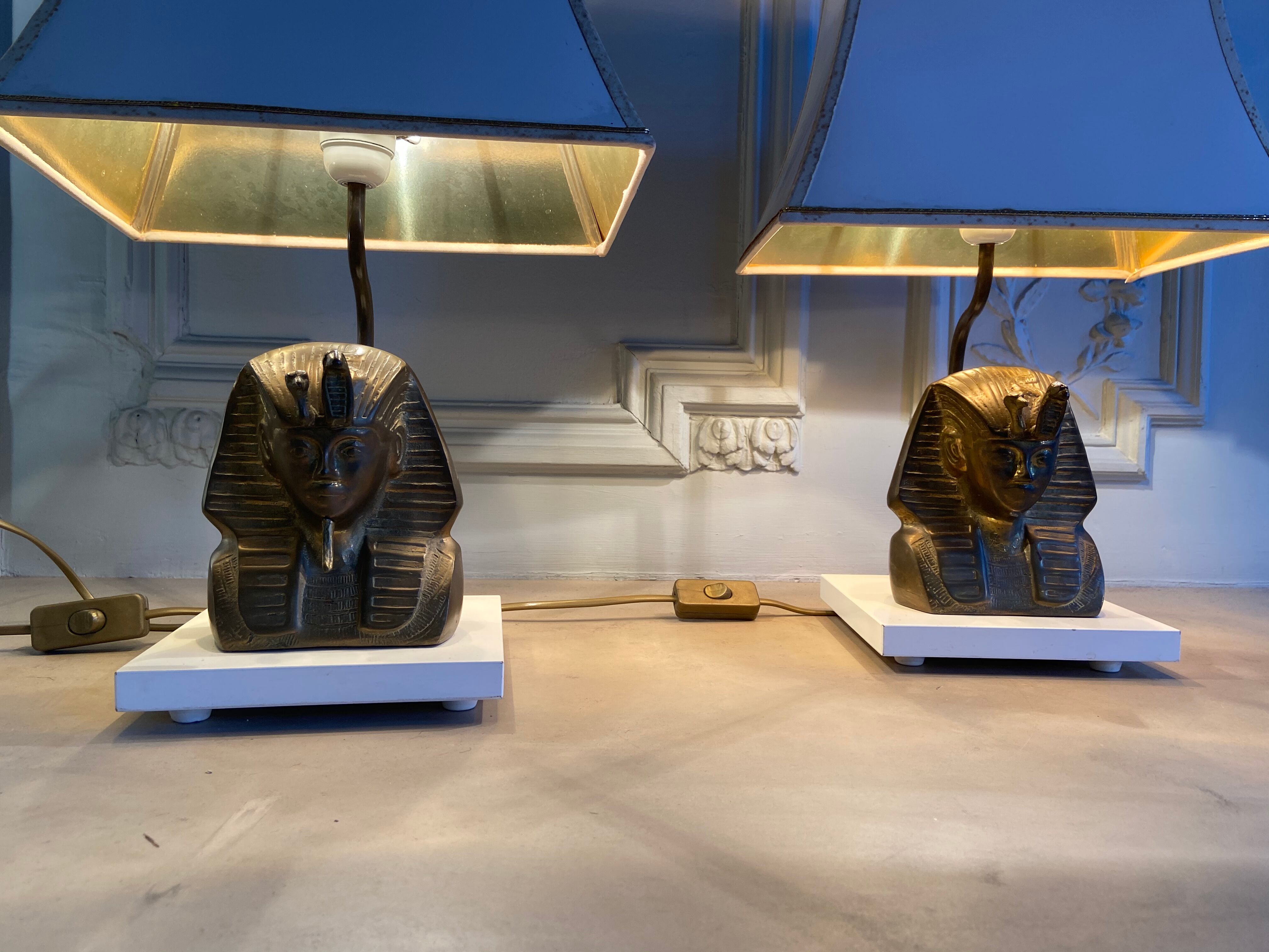 Pair of vintage gilded bronze lamps, pharaoh's face, 1970