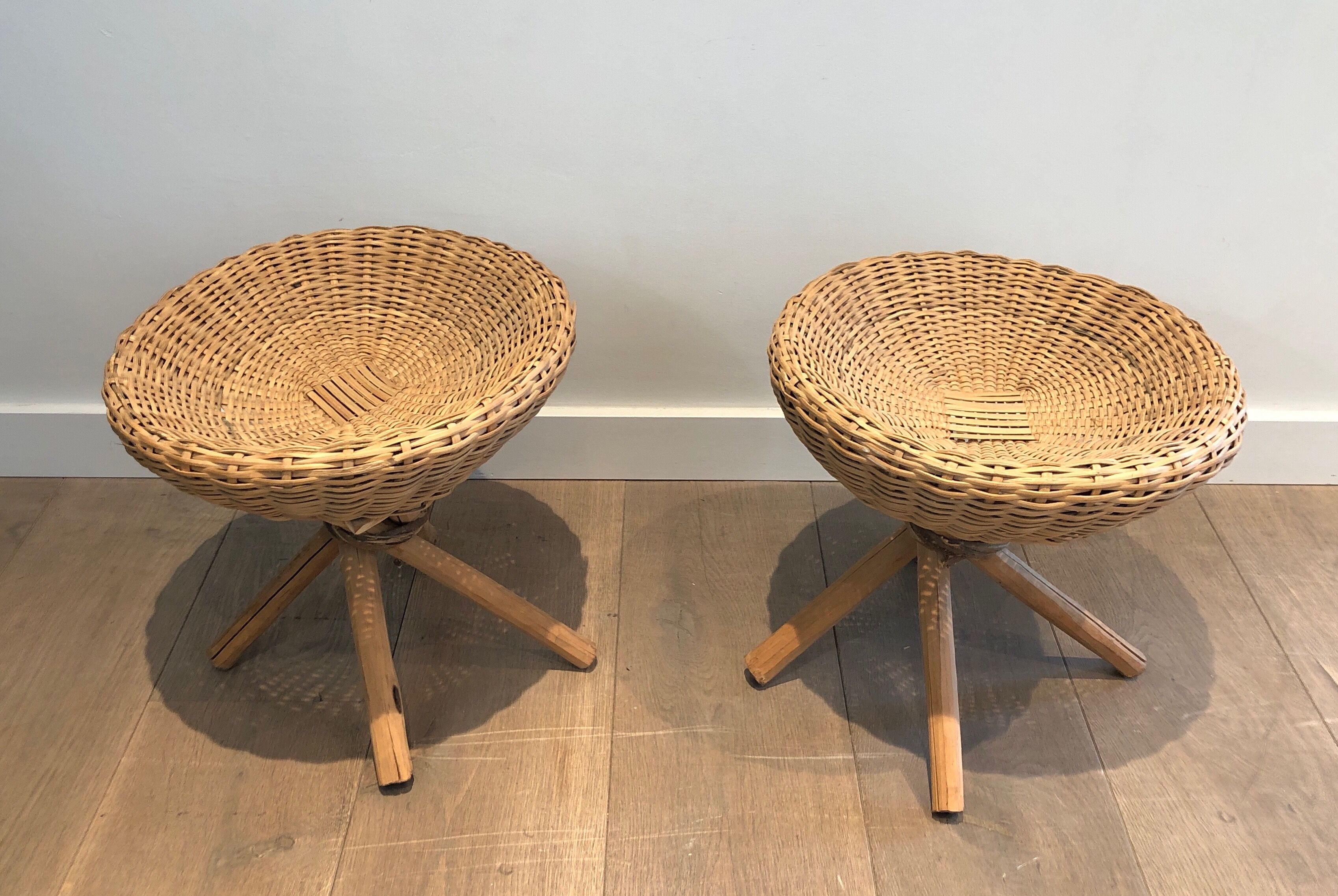 Pair of rattan stools. french work. around 1970
