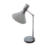 Chrome metal desk lamp and gray articulated arm