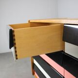Restored 1960 chest of drawers by Jiroutek in oak with color-block drawers