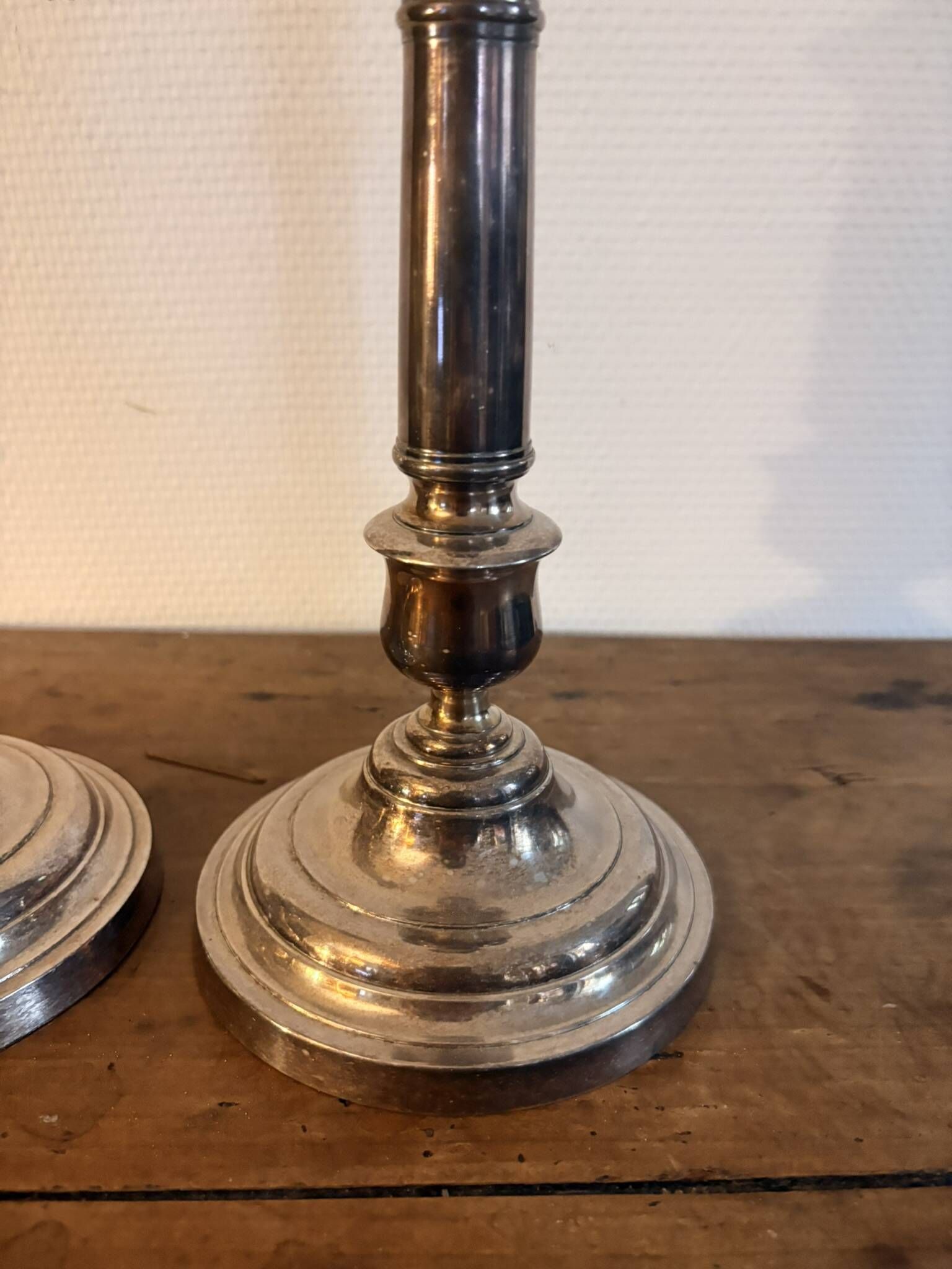 Pair of Silvered Metal Baluster Candle Holders in Louis XV Style, 19th Century Candelabra