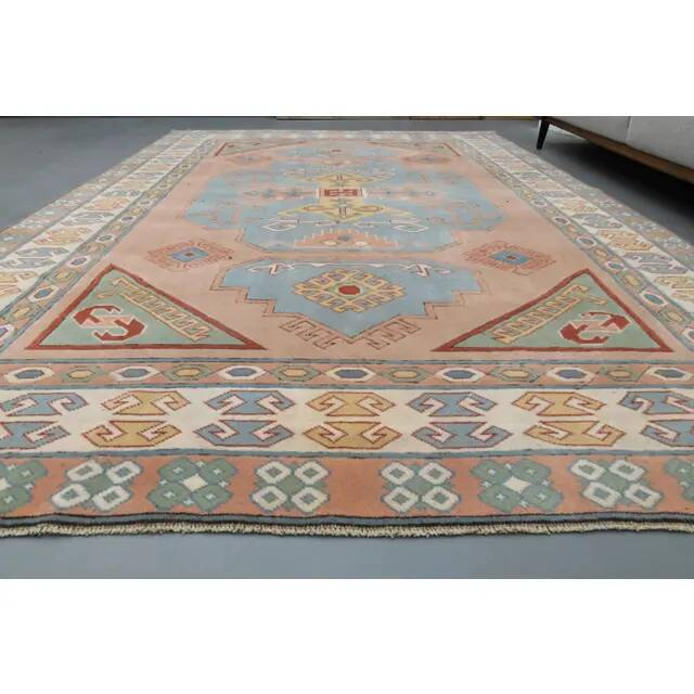 1970s Vintage Turkish Oushak Handmade Wool Cotton Blue Area Rug 220x310