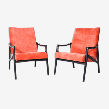 Set of 2 Jiří Jiroutek armchairs in coral red velvet, 60's