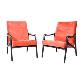 Set of 2 Jiří Jiroutek armchairs in coral red velvet, 60's