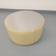 Vintage round coffee table in glass, leather, and metal in Space Age style from the 70s.