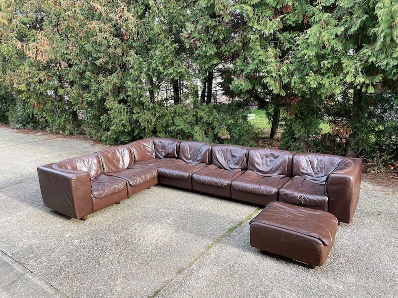 Modular sectional soft dark brown leather sofa by Arflex, Italy 1970