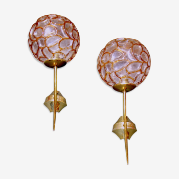 Pair of sconces, amber Murano glass globe textured, Doria Leuchten, mid 20th century