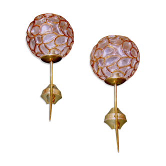 Pair of sconces, amber Murano glass globe textured, Doria Leuchten, mid 20th century