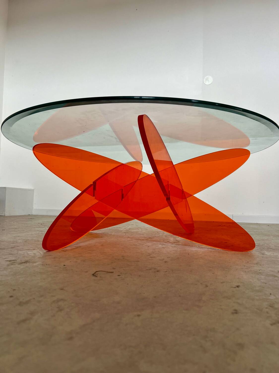 Geometric coffee table glass and orange plexi design 70s Space vintage age