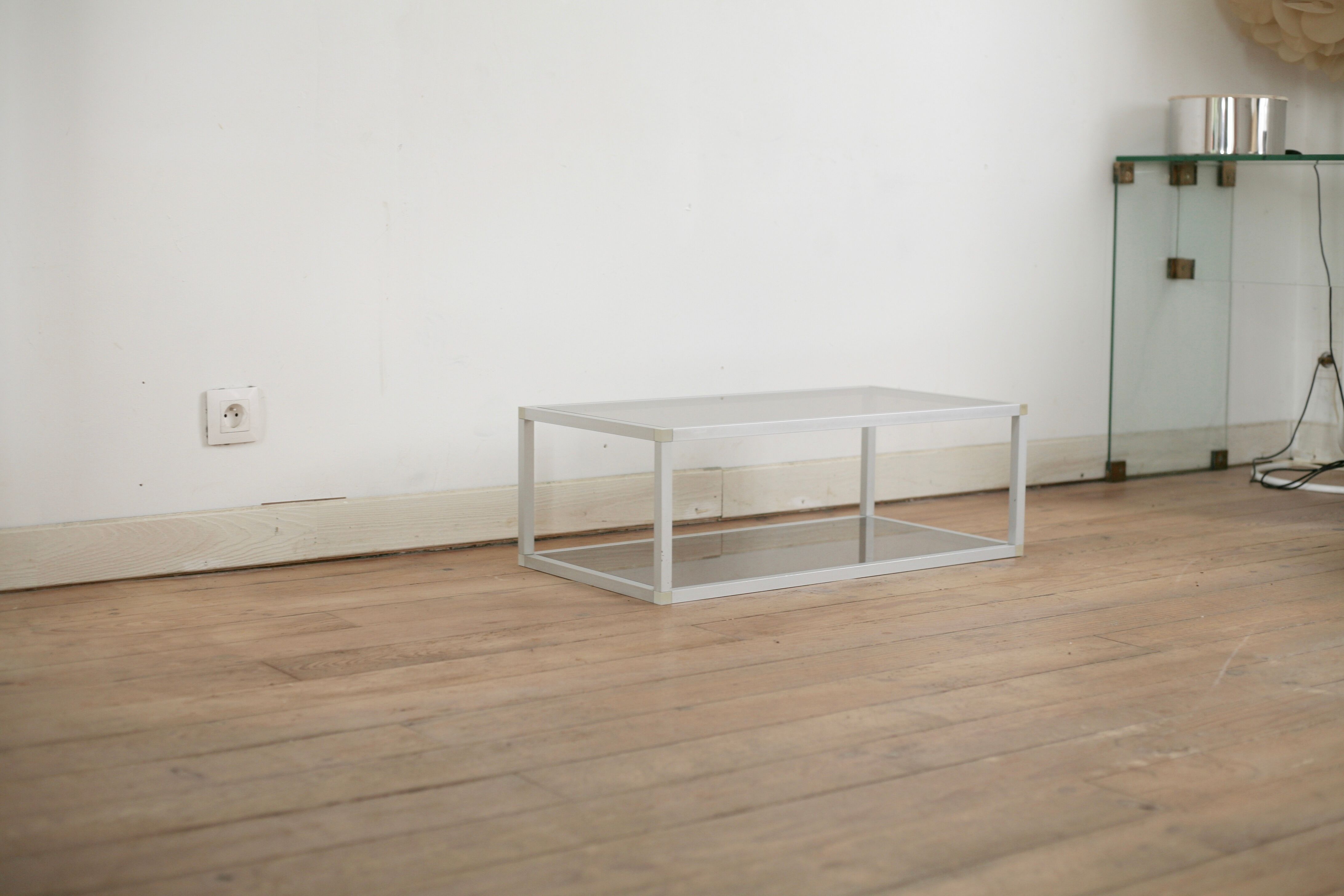 Aluminium coffee table and smoked glasses, France, circa 1980