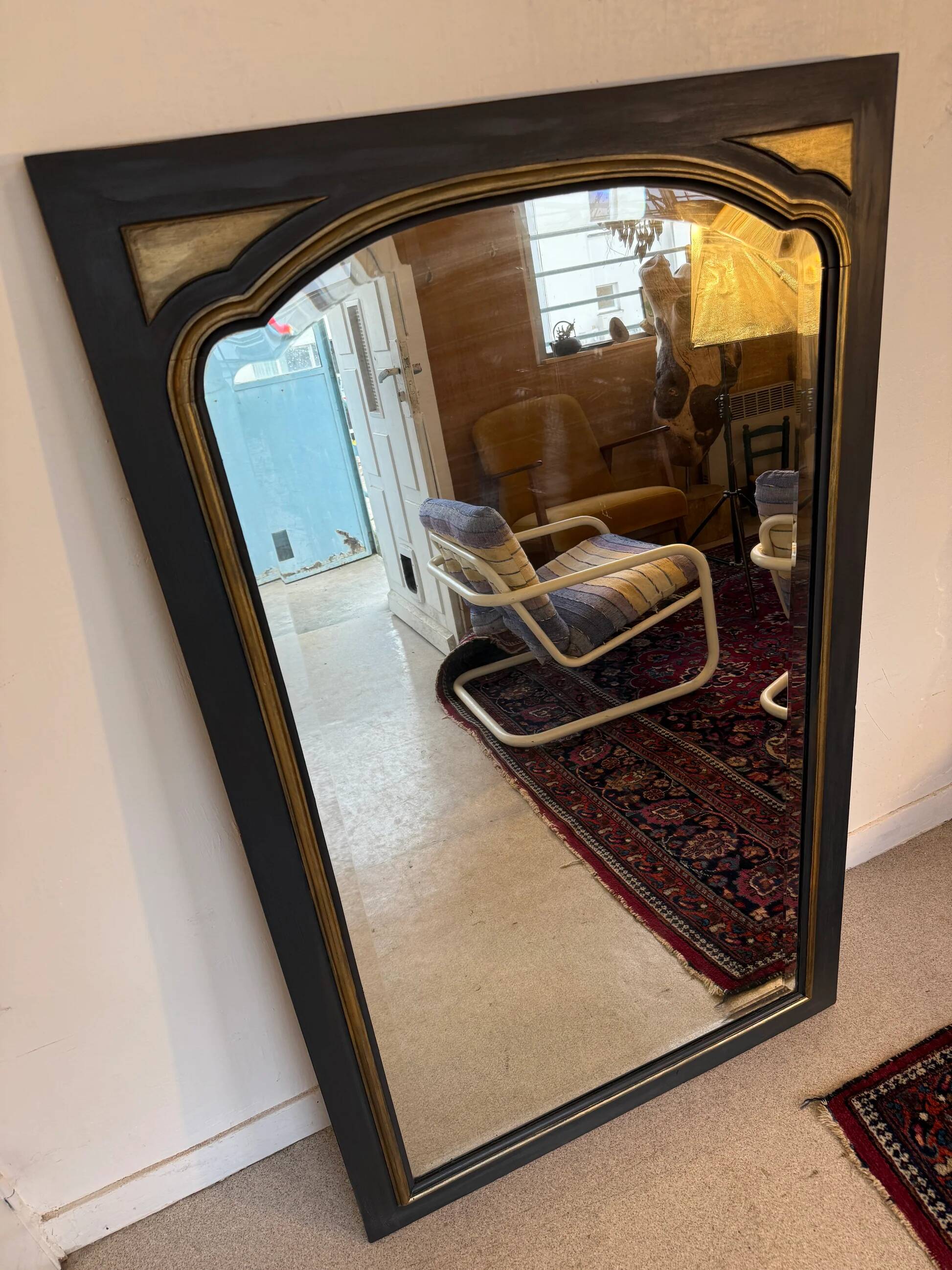 Miroir vintage glace biseautée en bois noir et doré