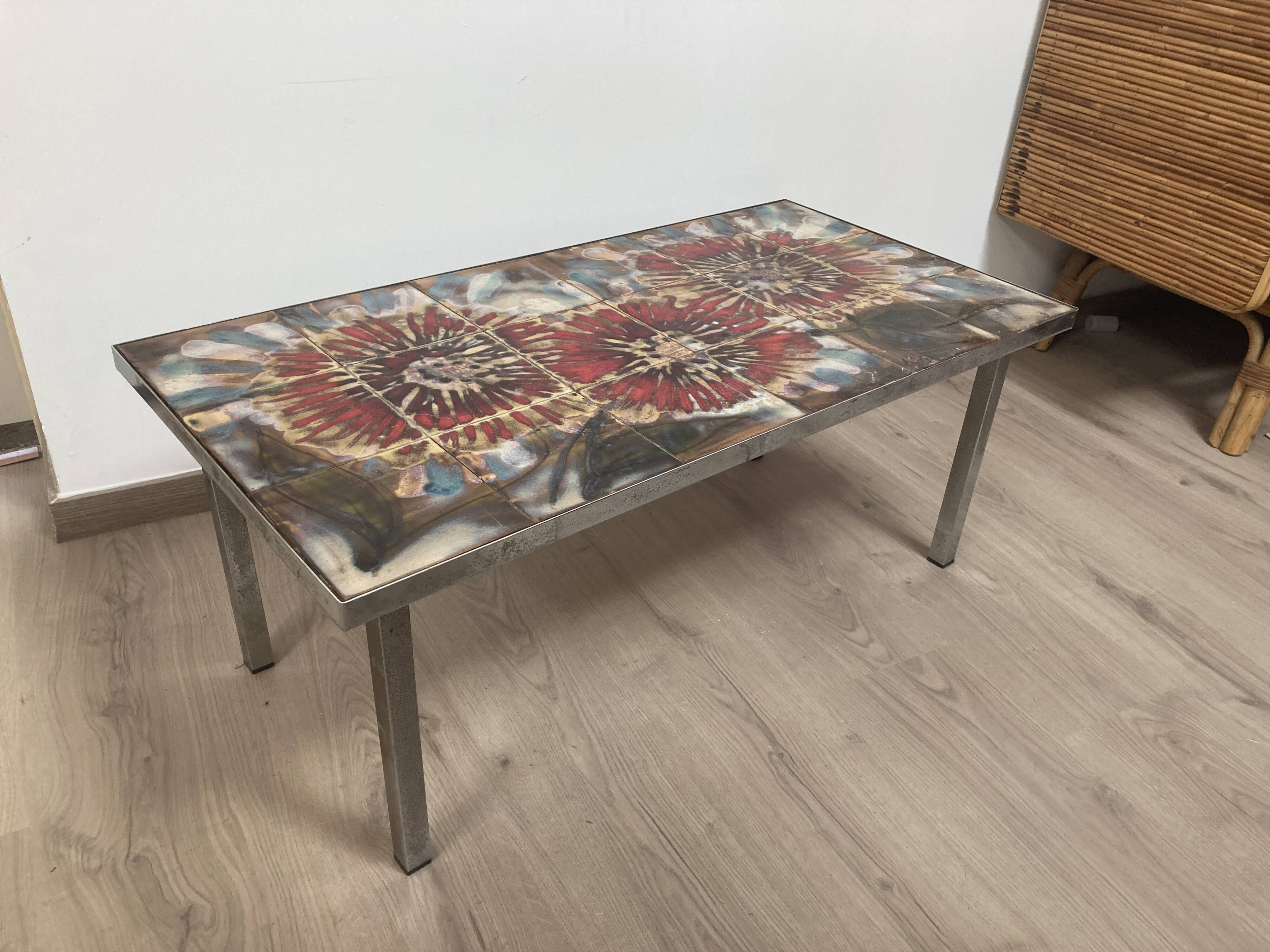 Vintage coffee table metal chrome annes 70 painted ceramic sign vallauris la grange