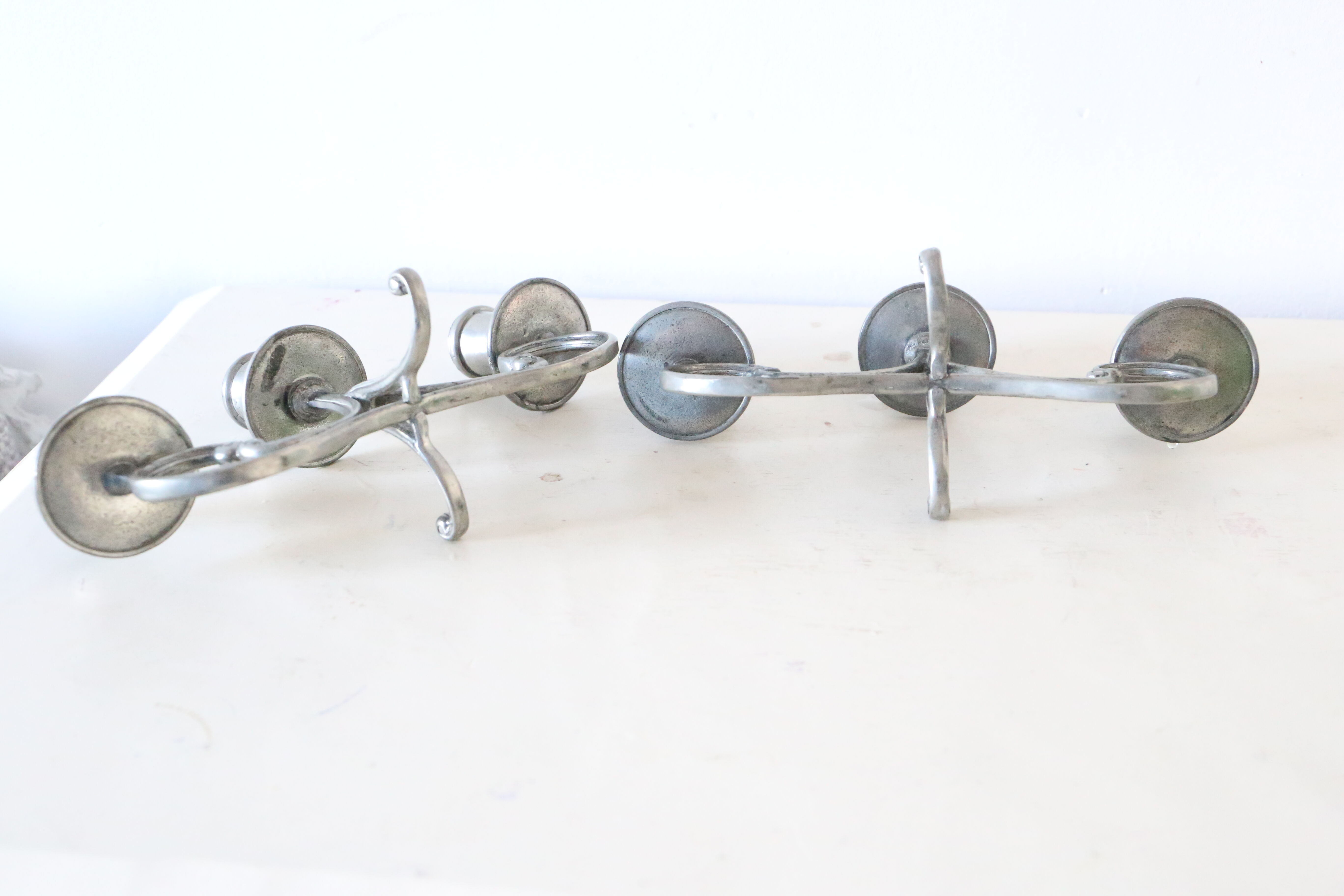 Duo of tin candlesticks, 3 lights, Gothic motifs, vintage
