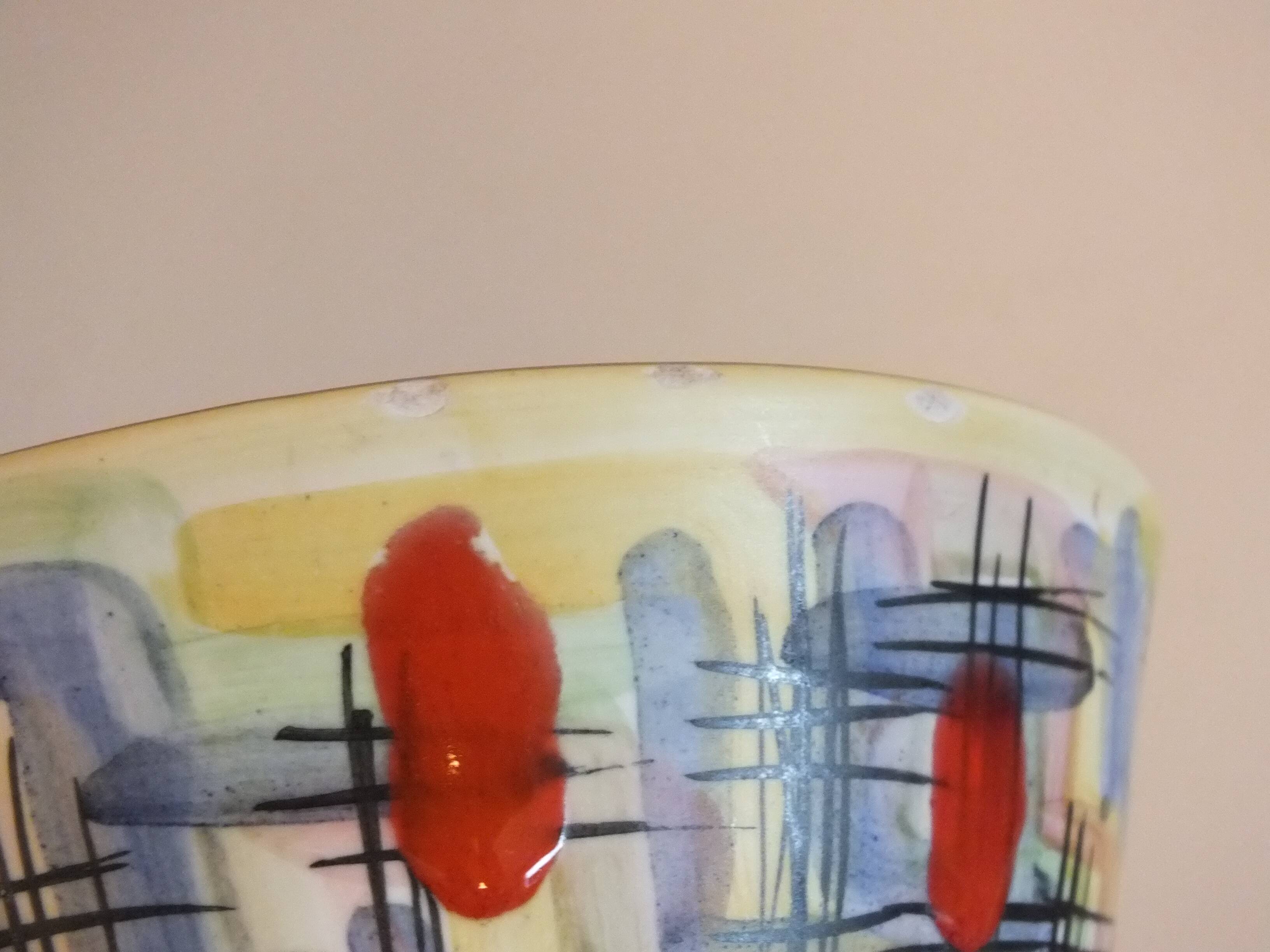 60s enamelled cone vase with fish decor, Vallauris signed Mj