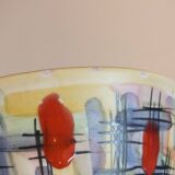 60s enamelled cone vase with fish decor, Vallauris signed Mj
