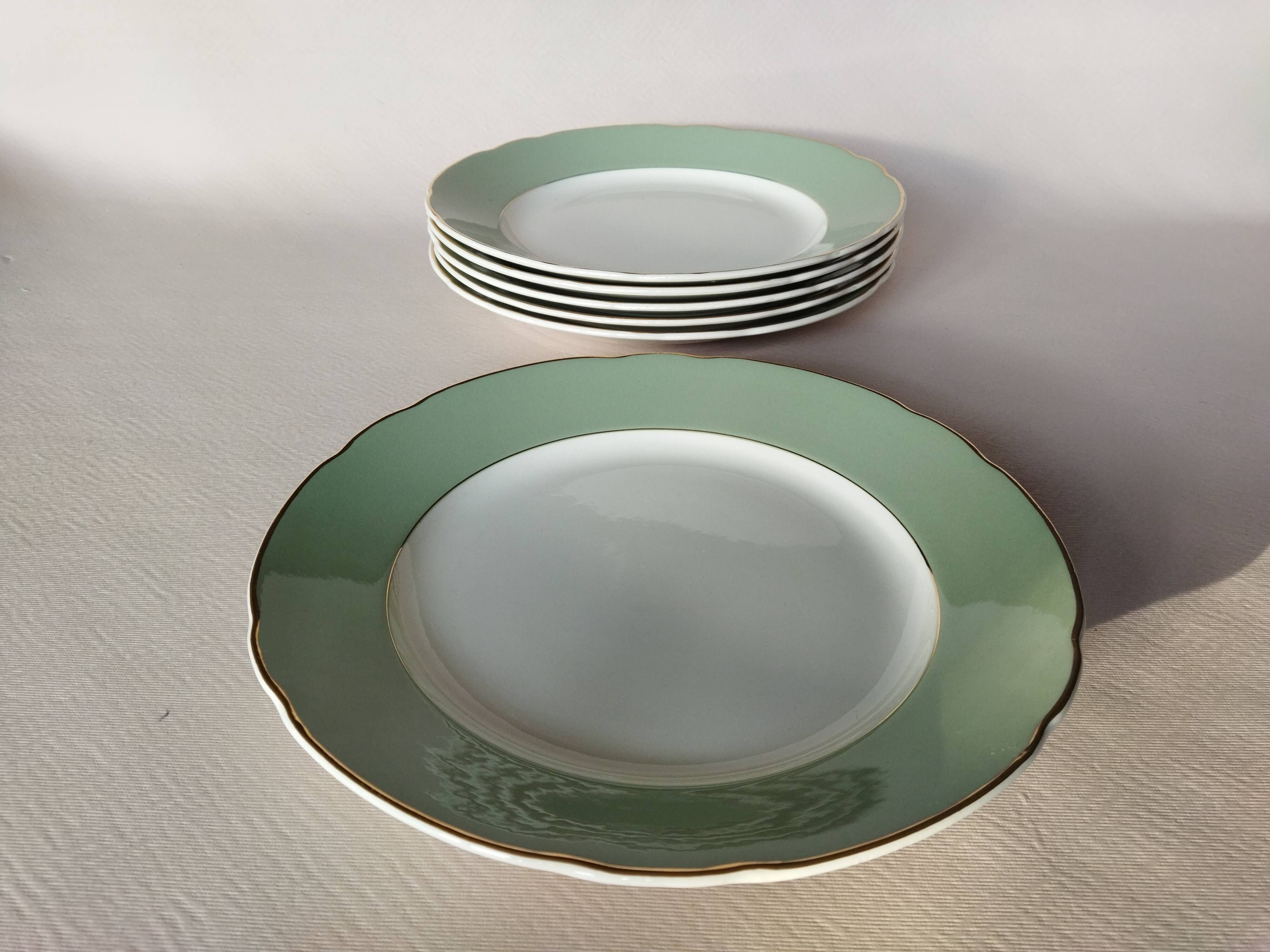 6 flat plates Villeroy & Boch Mettlach celadon green and vintage gold 1960s