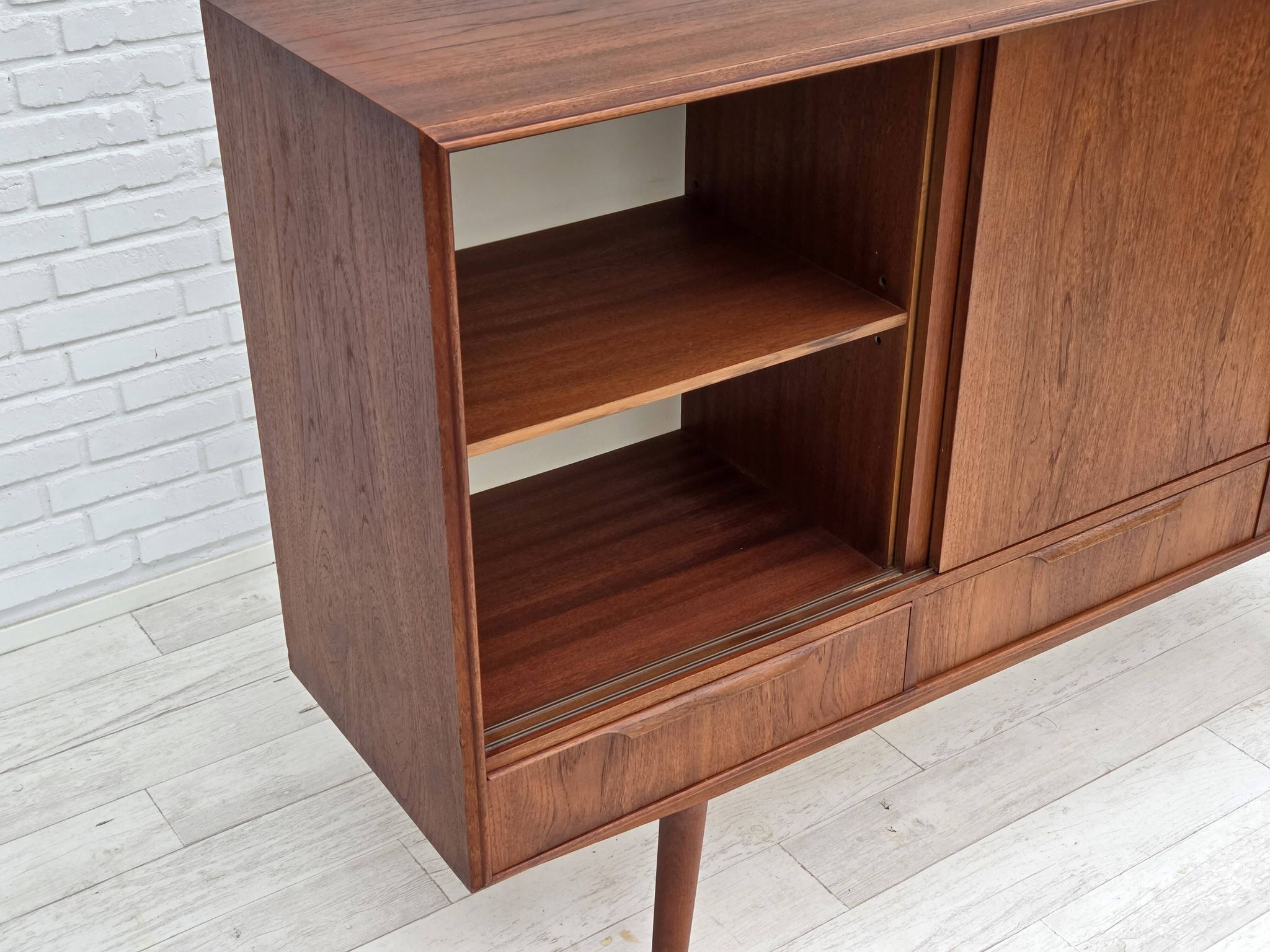 1960s, Danish chest of drawers, teak wood, mirror inside, sliding doors.